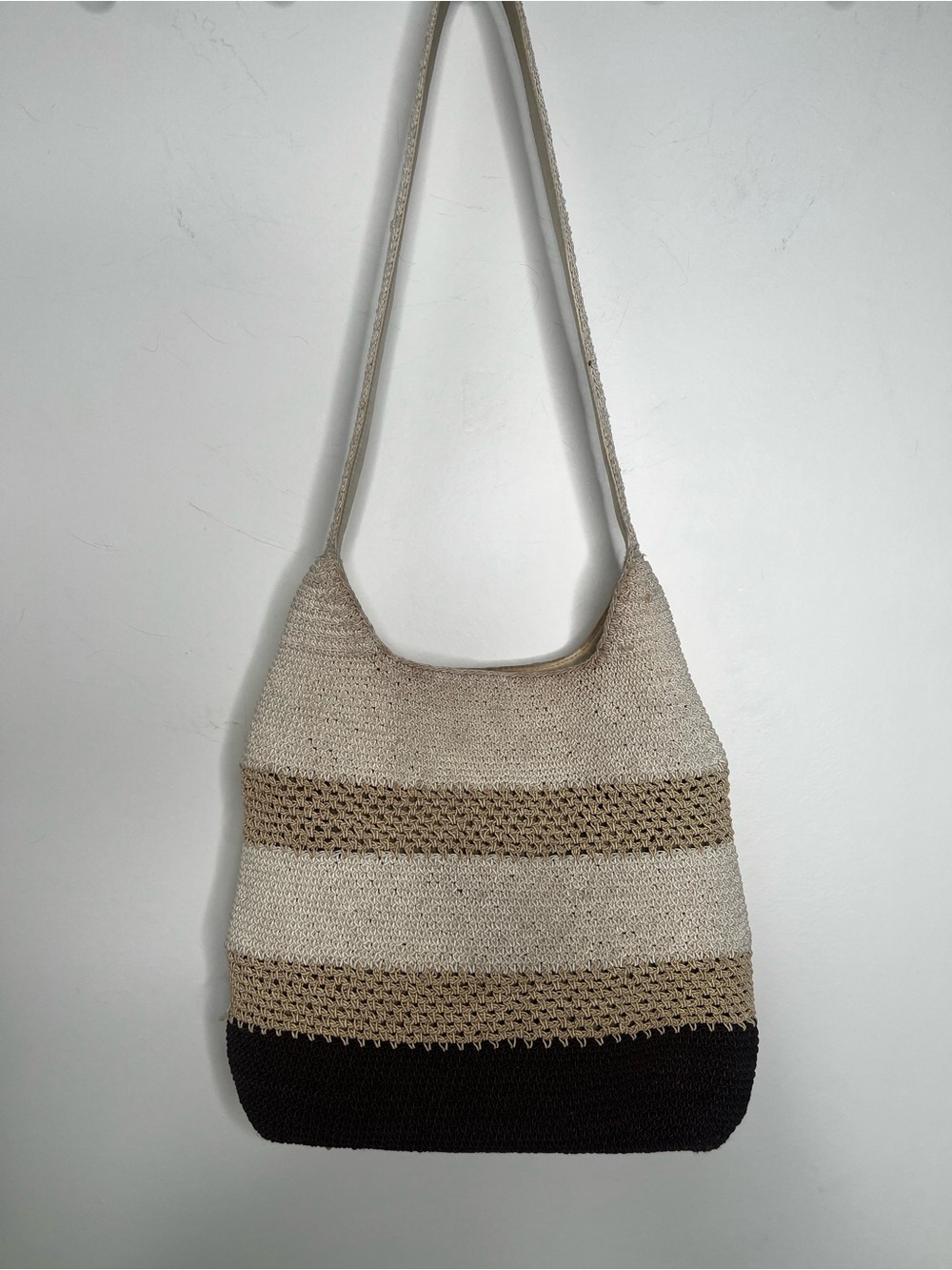 Crochet Woven Stripe Shoulder Hobo Bag CreamTan Black Boho Festival 90’s Earthy